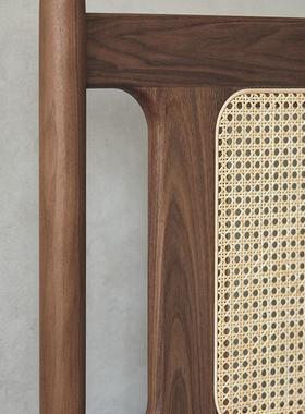 黑胡桃木实木藤编床日式复古软包单双人床小户型1.8米民宿原木床