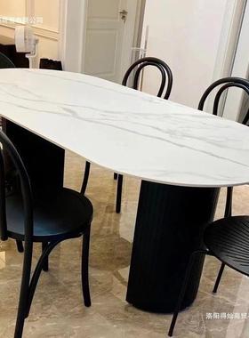 现代简约黑色椭圆形饭桌家用小户型餐厅轻奢网红款奶油风岩板餐桌