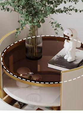 轻奢奶油风床头柜圆形简约现代卧室床边柜极简岩板茶色玻璃储物柜