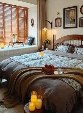 全实木温莎床中古风主卧美法式复古双人床新中式胡桃木色竖琴大床