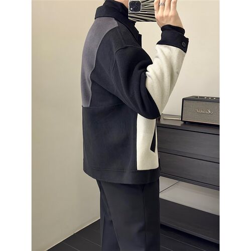 里奈男装秋冬设计感拼色双面呢子夹克高端翻领男羊毛短款大衣外套 - 图0