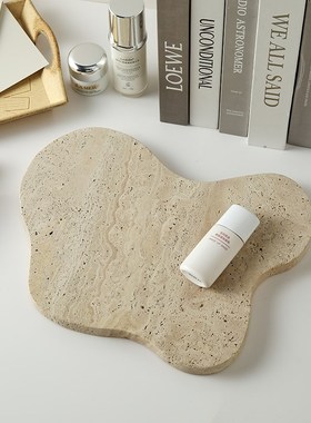 侘寂风异型天然洞石托盘样板房酒C店大理石收纳盘轻奢家居装饰摆