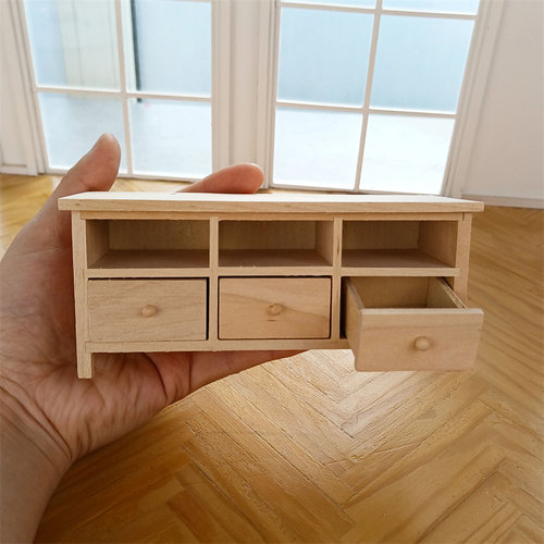 12分娃娃屋迷你家具木制抽屉电视柜储物柜摆件素坯DIY上色 - 图0