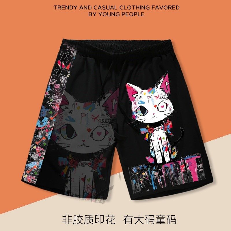 美式多巴胺卡通涂鸦猫短裤男夏季宽松五分裤男女休闲印花沙滩裤潮,淘宝优惠券,粉丝福利购,淘宝优惠卷