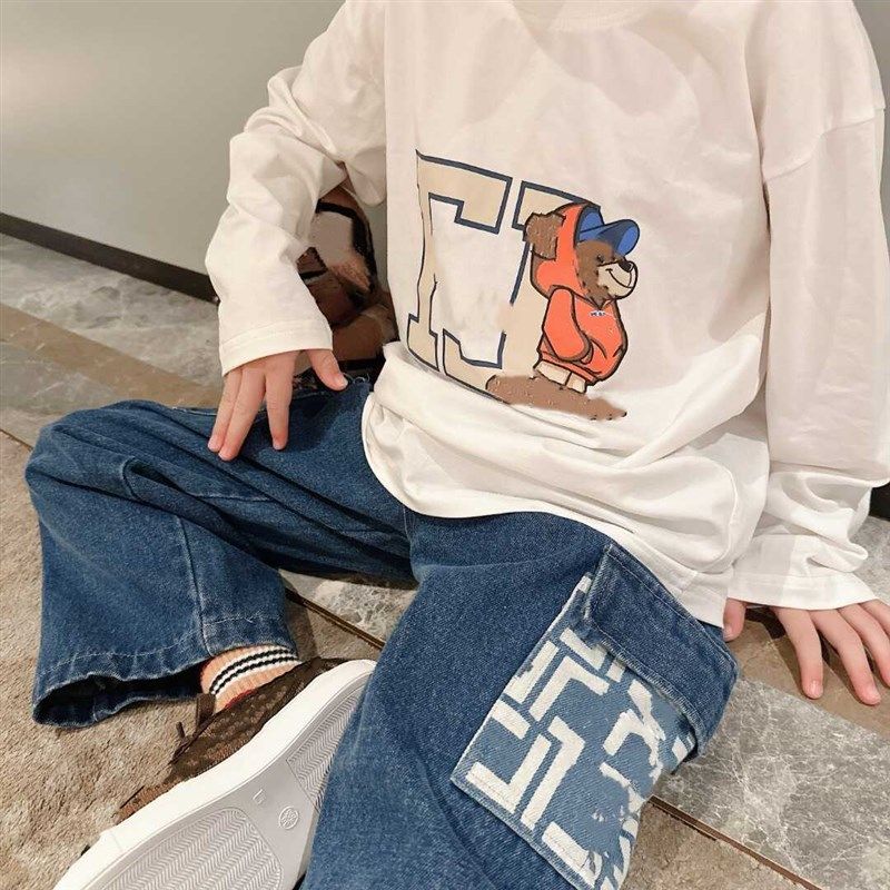 重工水洗字母绣花直筒牛仔裤大口袋潮款单宁裤子男女童松紧腰裤装,淘宝优惠券,粉丝福利购,淘宝优惠卷