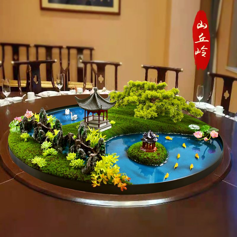 新中式转盘中间摆花酒店大圆桌装饰摆件桌花圆形微景观造景摆设 - 图3