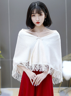 韩版新娘毛披肩保暖大码蕾丝流苏斗篷婚纱礼服外套伴娘秋冬季披风