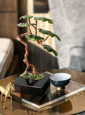新中式迎客e松树摆件客厅办公室玄关博古架禅意轻奢水晶装饰品礼