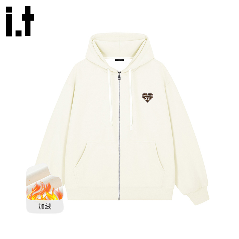 i.tGROUNDZERO2025秋冬加绒心形男女同款灰色连帽长袖卫衣上衣 - 图2