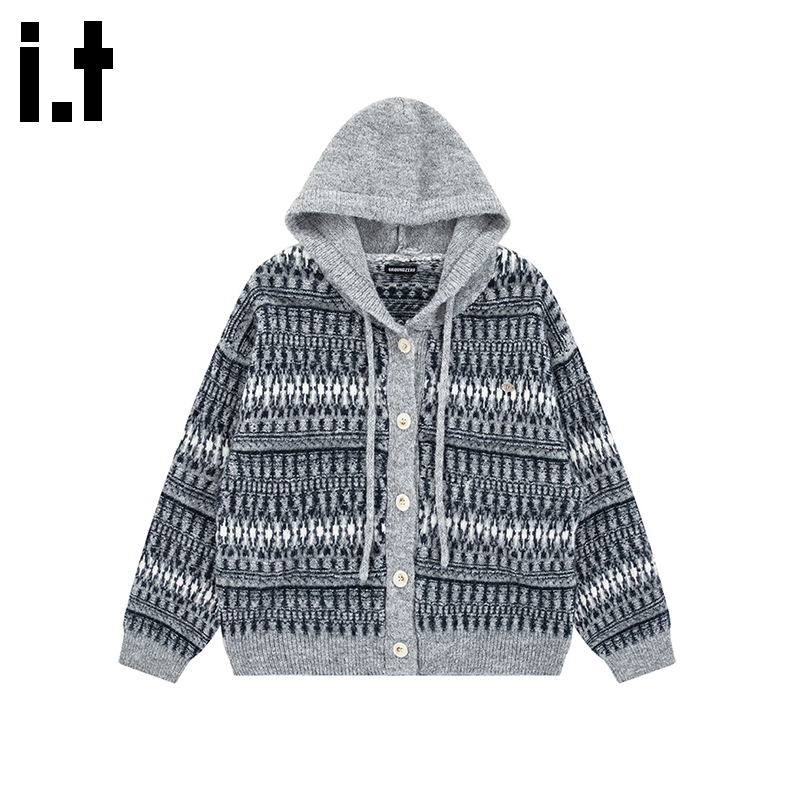 i.t GROUNDZERO韩系2025秋冬杏色连帽撞色长袖毛衣针织开衫女 - 图2