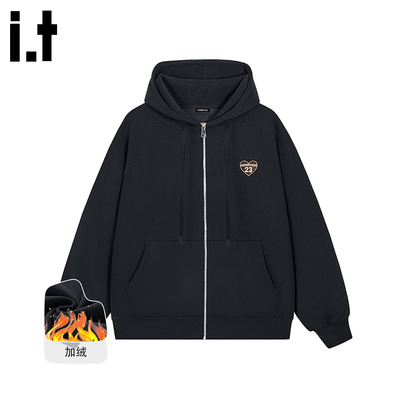 i.tGROUNDZERO2025秋冬加绒心形男女同款灰色连帽长袖卫衣上衣 - 图3