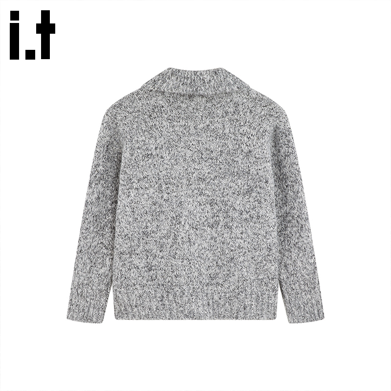 i.t GROUNDZERO韩系2025秋冬翻领麻灰衣外套长袖针织开衫女 - 图0