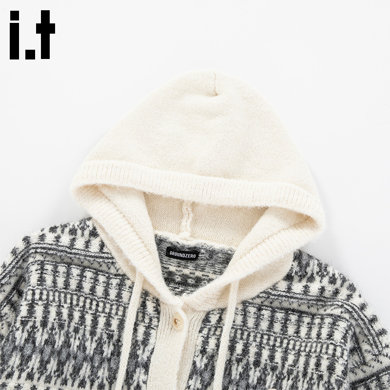 i.t GROUNDZERO韩系2025秋冬杏色连帽撞色长袖毛衣针织开衫女 - 图0