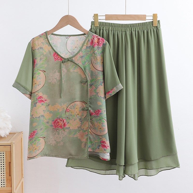 母亲节妈妈夏季雪纺套装r国风新款中老年女花色新中式阔腿裤两件,淘宝优惠券,粉丝福利购,淘宝优惠卷