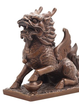 古铜官 铜麒麟配一对家居玄关饰品客厅办公桌紫铜工艺品