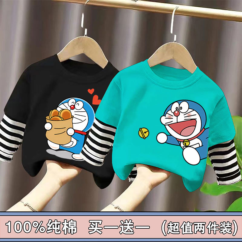 100%纯棉男女童长袖t恤春秋新款儿童宝宝哆啦A梦卡通上衣打底衫 - 图2