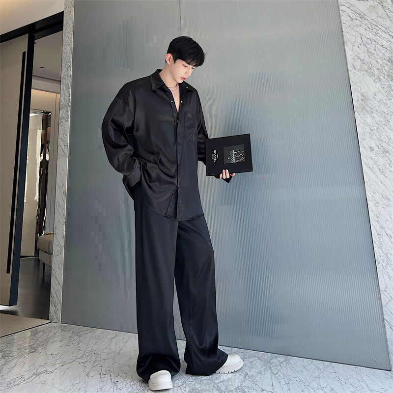 夏季超滑b醋酸料禁欲衬衫套装男宽松韩版网红慵懒风垂感长裤两件,淘宝优惠券,粉丝福利购,淘宝优惠卷