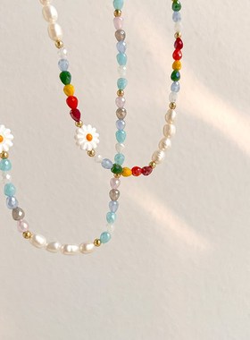 彩色珍珠装饰项链女款轻奢小众设计感2024新款爆款简约串珠锁骨链