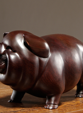 黑檀实木质雕刻一对猪摆件十二生肖动物猪家居桌面装饰红木工艺品