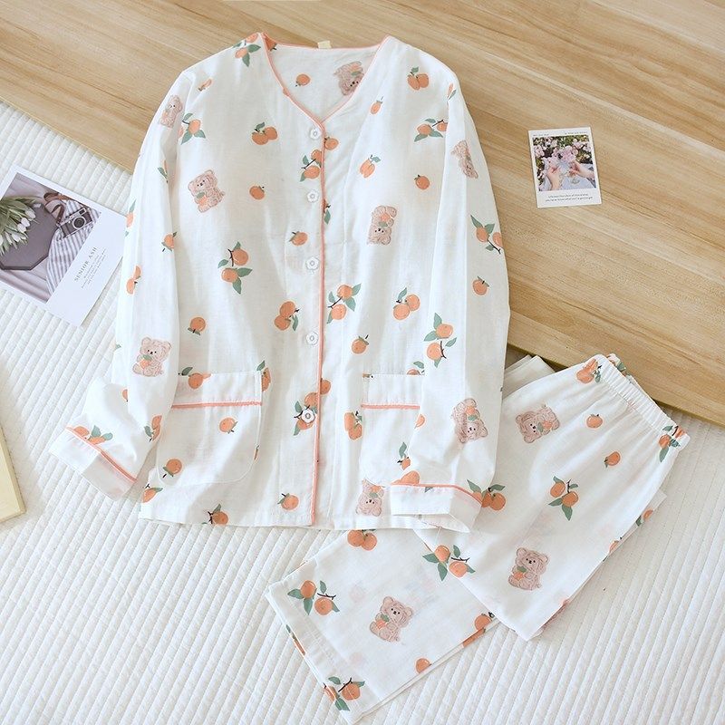 带胸垫睡衣女纯棉双层纱布薄款开襟夏季长袖免文胸家居服两件套,淘宝优惠券,粉丝福利购,淘宝优惠卷