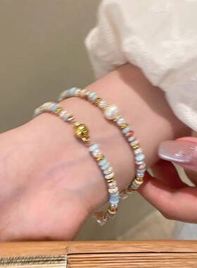淡水珍珠寿山石彩色串珠手链小众复古轻奢感双层叠戴手串手饰