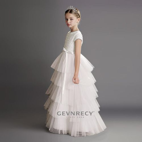 女童礼服2025新款高端白色蛋糕裙钢琴主持演出服儿童公主裙蓬蓬裙 - 图0