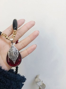 民族风复古佛珠毛衣链红色水滴树叶吊坠女长款配饰项链衣服挂件夏