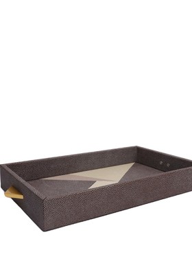 中式木质皮革双拼托盘样板房售楼部茶水间简约托盘软装饰品摆件