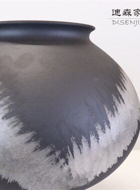 现代新中式黑色银水墨陶瓷花瓶侘寂桌面花器入户玄关软装陈设摆件