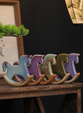 稀缺质感创意陶瓷摇摇马趣味桌面可爱个性茶宠小摆件茶桌书房软