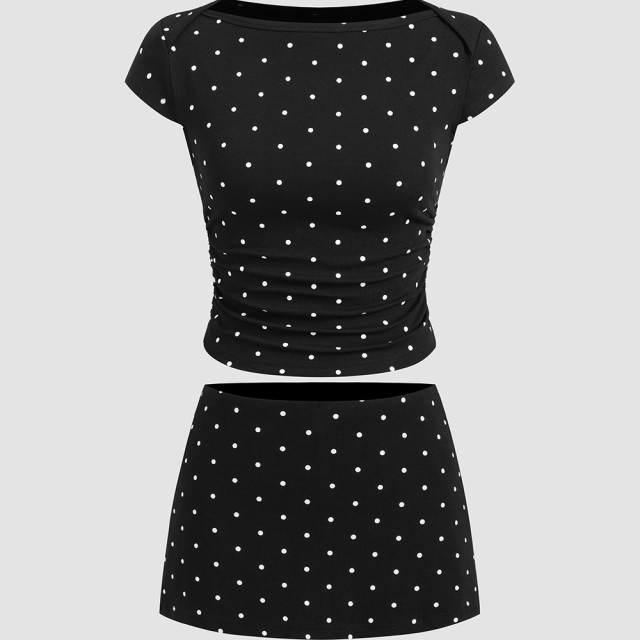 CIDER ຝ້າຍເຮືອຄໍ polka dot pleated ຄໍຮອບສັ້ນ ເສື້ອທີເຊີດທີ່ມີ culottes ສັ້ນ 114527656