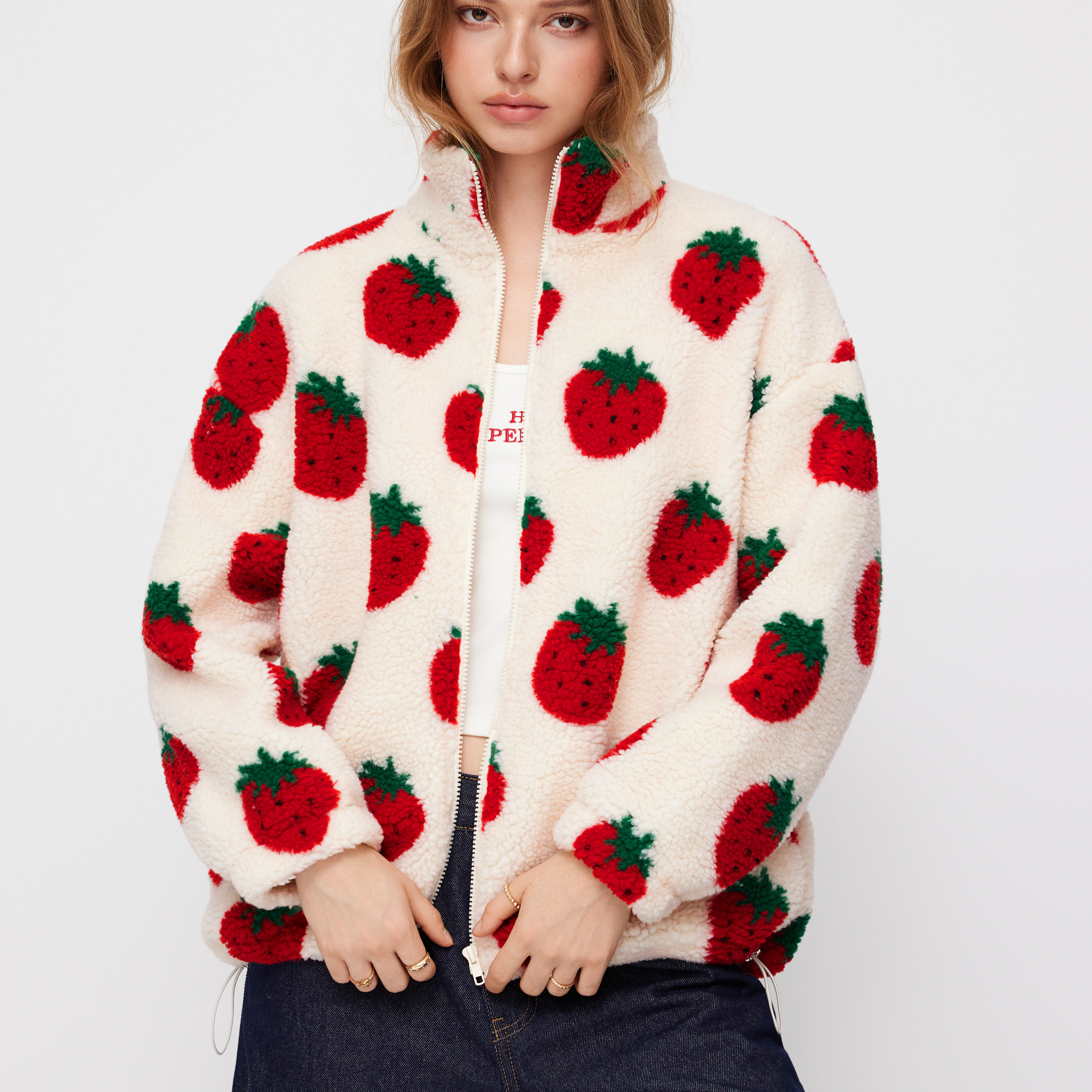 CIDER秋冬女装草莓口袋高领抓绒宽松夹克 113915036,淘宝优惠券,粉丝福利购,淘宝优惠卷