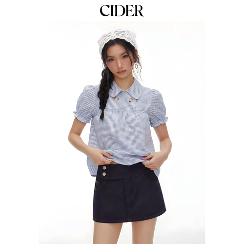 CIDER2026春季新品美式棉混纺格纹泡泡袖宽松上衣115149732 - 图2