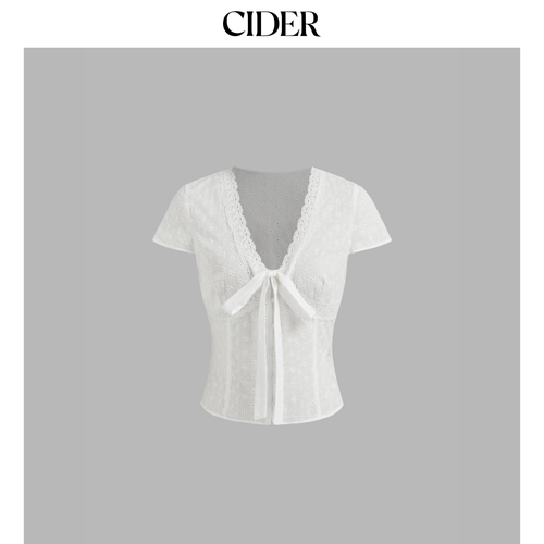 【明星同款】CIDER美式棉刺绣蝴蝶结法式蕾丝衬衫114326439 - 图3