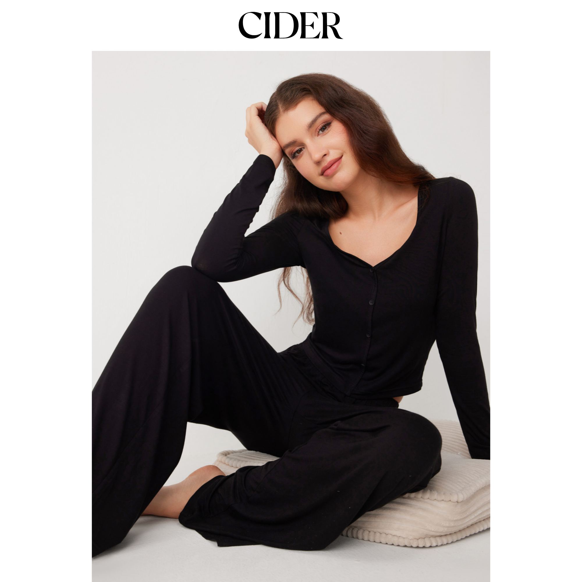 CIDER 长袖纽扣上衣+中腰长裤家居服套装 女装102750789,淘宝优惠券,粉丝福利购,淘宝优惠卷