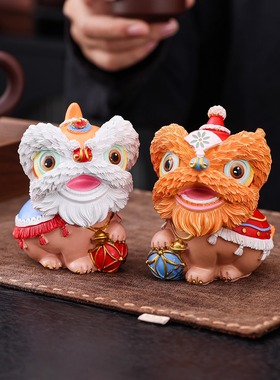 中式国潮舞狮树脂创意摆件高级感小众桌面茶桌装饰工艺品生日礼物