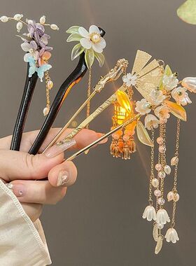 玉兰花发簪古风簪子汉服头饰女旗袍发饰流苏珍珠金属发钗步摇玉簪