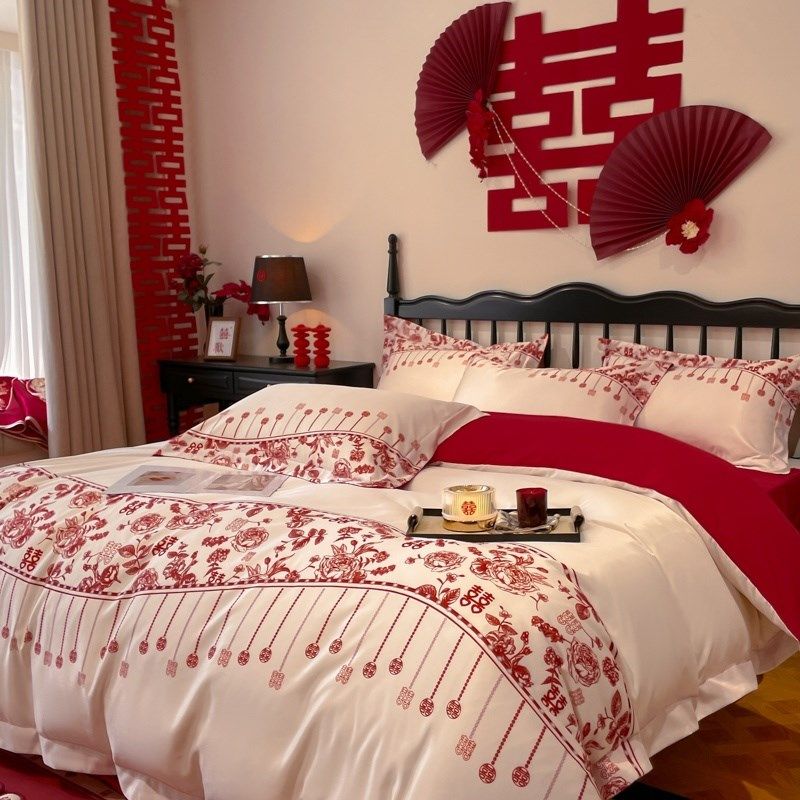 新中式喜字结婚四件套红色新y婚床单被套婚庆床上用品婚房陪嫁,淘宝优惠券,粉丝福利购,淘宝优惠卷