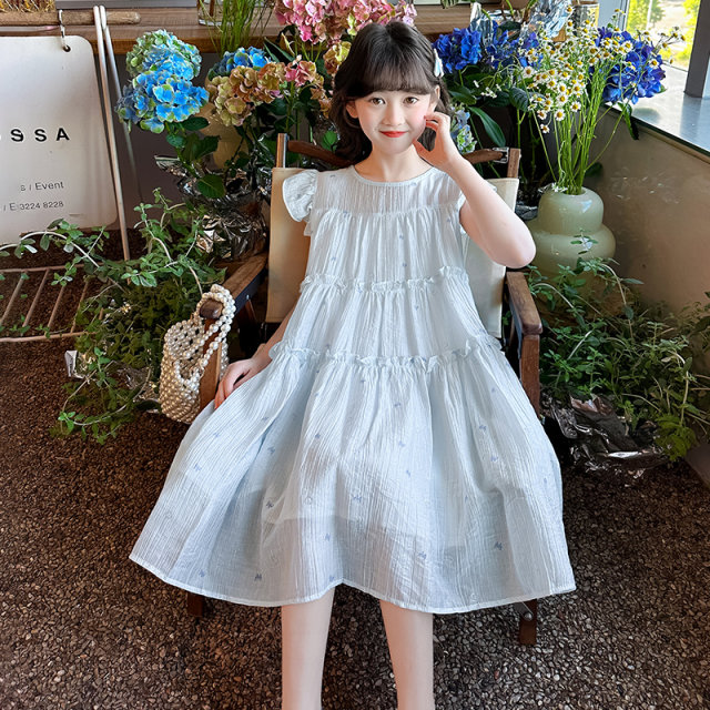 Girls' new 2025 summer children's mid-large children's internet celebrity fashionable Korean sweet girl Feifeisle sleeve princess dress Girls' new 2025 summer children's mid-large children's internet celebrity fashionable Korean sweet girl Feifeisle sleeve princess dress