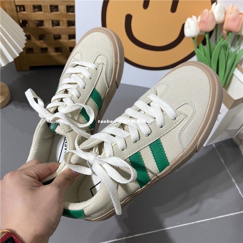 春季超火百搭奶油板鞋圆头系带条纹平底休闲男女帆布鞋韩版德训鞋,淘宝优惠券,粉丝福利购,淘宝优惠卷