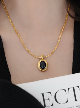 法式复古天然青金石椭圆吊坠金色麻花项链女锁骨链颈链不掉色小众