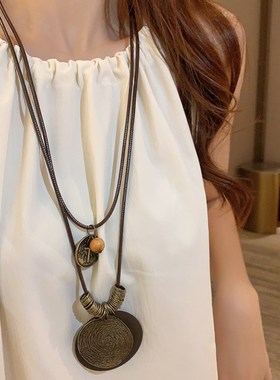 新中式禅意长款毛衣项链女双层复古民族风串珠颈链小众羽毛锁骨链