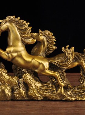 黄铜双奔马摆件马到成功招财马工艺品家居客厅电视柜办公室装饰品