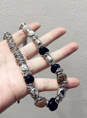 个性时尚银色异型不规则串珠项链小众欧美简约气质锁骨链嘻哈潮女