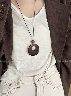 禅意国风长款编织绳木质项链女复古民族风卫衣链波西米亚风毛衣链