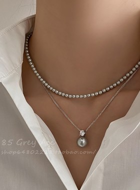 施家真多麻灰色戴妃款单颗珍珠吊坠项链女轻奢高级感毛衣链脖颈链