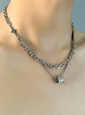 项链男潮叠戴镶钻小蛮腰情侣银色吊坠钛钢小众设计高级感女配饰品