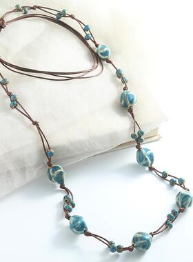 复古民族风陶瓷项链配饰女轻奢小众手工编织串珠毛衣链长款不掉色