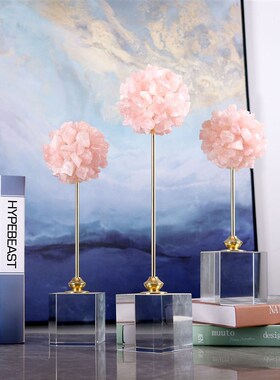 现代简约天然粉色水晶花球水晶底座摆件家M居卧室客厅软装装饰品