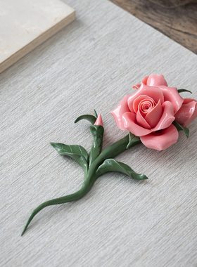 陶瓷花手工捏制玫瑰花摆件插花瓶